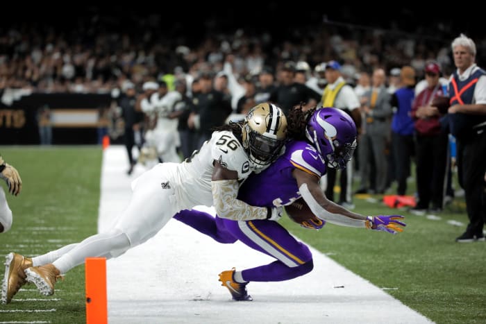 Jan 5, 2020; New Orleans Saints linebacker Demario Davis (56) tackles Minnesota Vikings running back Dalvin Cook (33) during a NFC Wild Card game. Mandatory Credit: Derick Hingle-USA TODAY